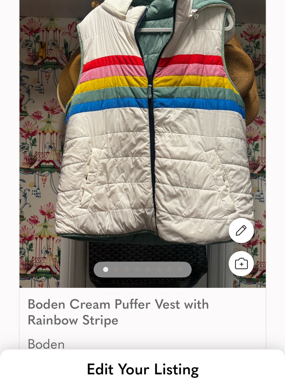 Boden Reversible Cream Puffer Vest with Red, Pink, Yellow, Blue & Green Stripes